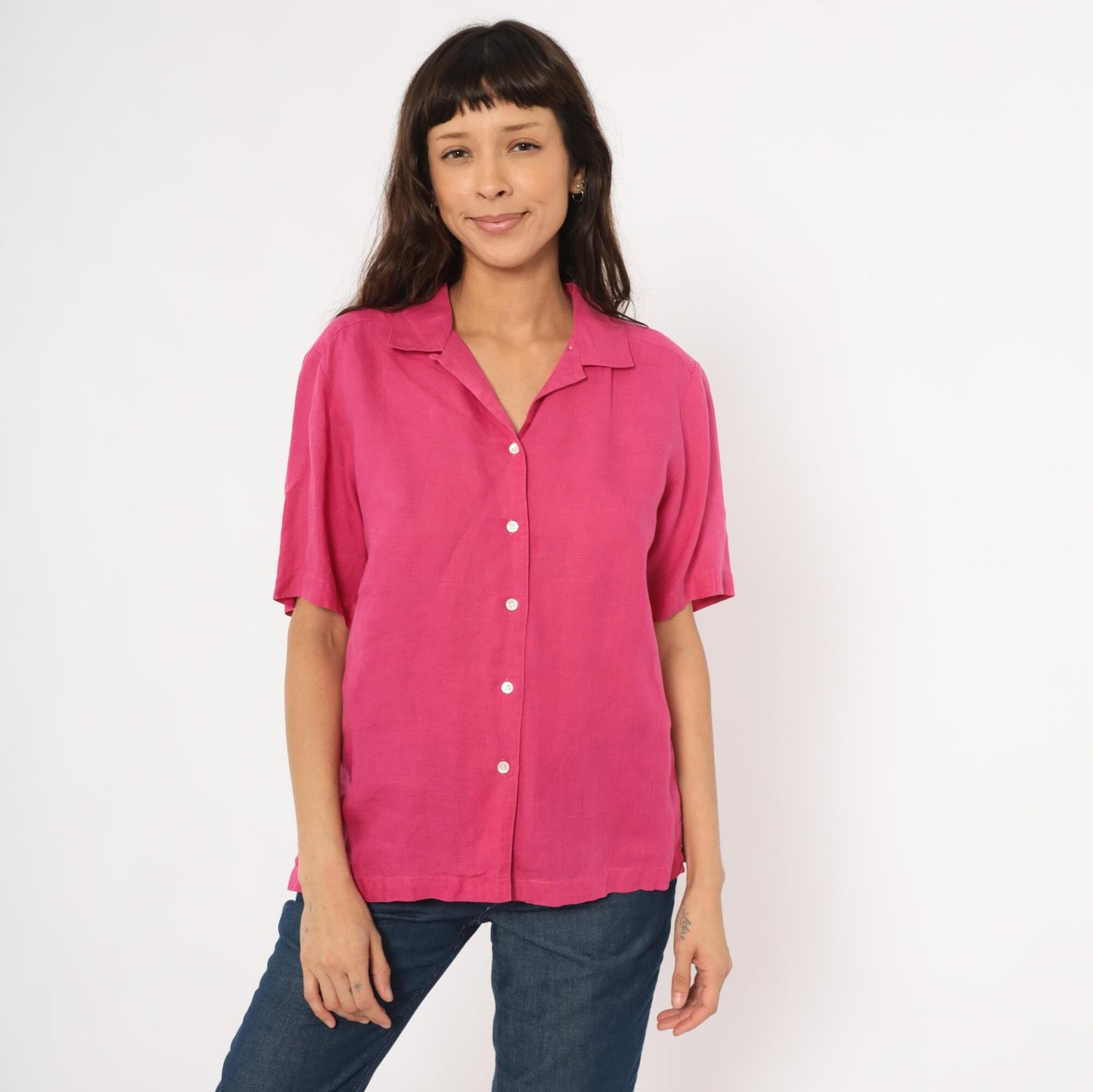 80s Brooks Brothers Fuchsia Linen Camp Collar Shirt Button Front Medium M