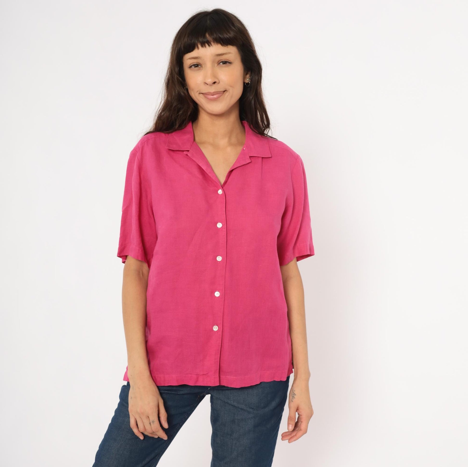 80s Brooks Brothers Fuchsia Linen Camp Collar Shirt Button Front Medium M