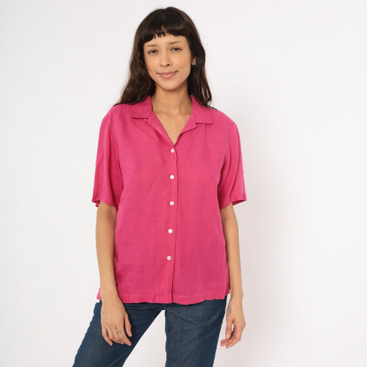 80s Brooks Brothers Fuchsia Linen Camp Collar Shirt Button Front Medium M