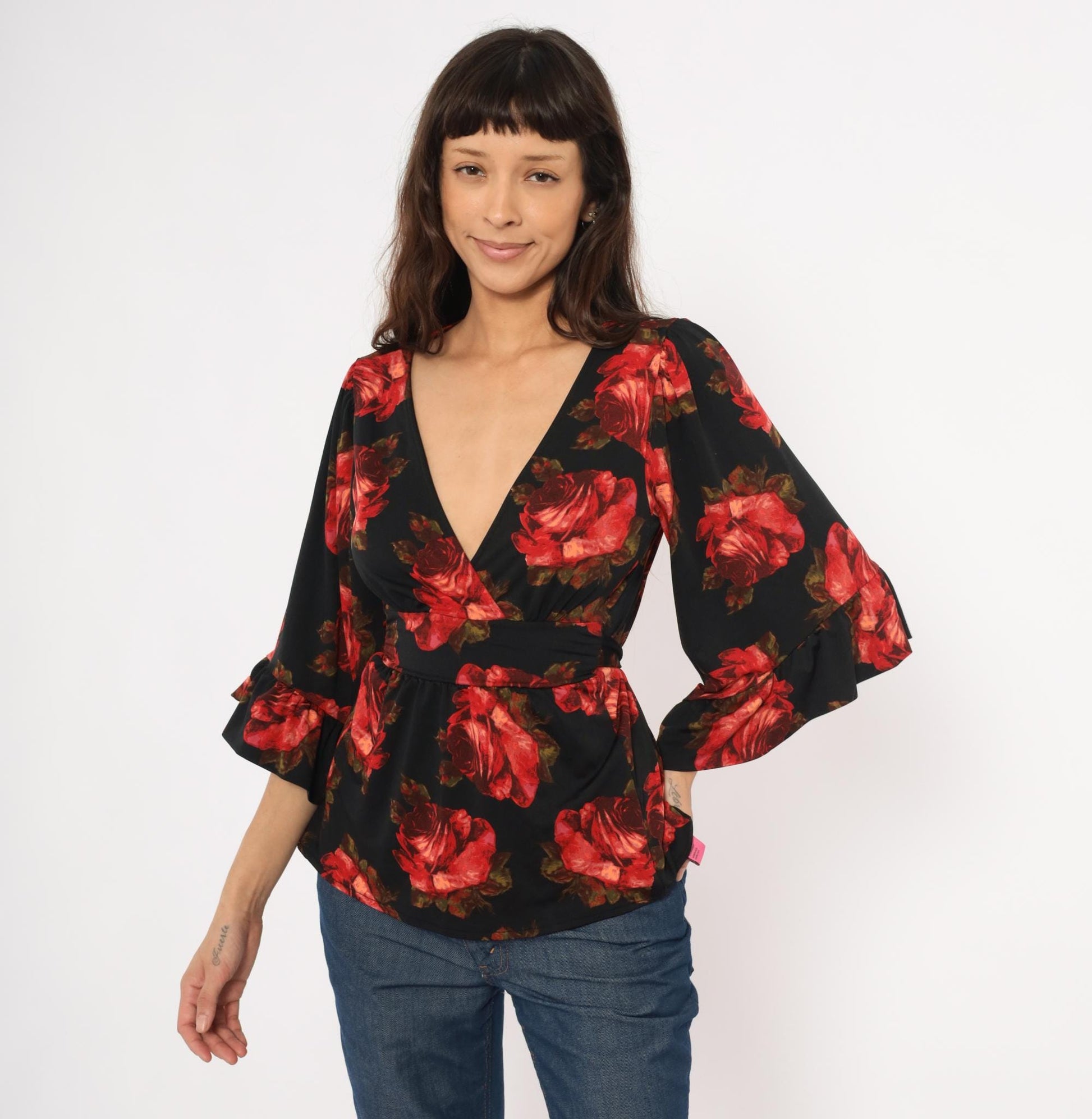 Betsey Johnson 2000s Rose Print Wrap Top Black Bell Sleeve Peplum Small