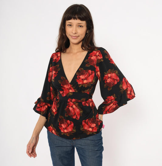 Betsey Johnson 2000s Rose Print Wrap Top Black Bell Sleeve Peplum Small