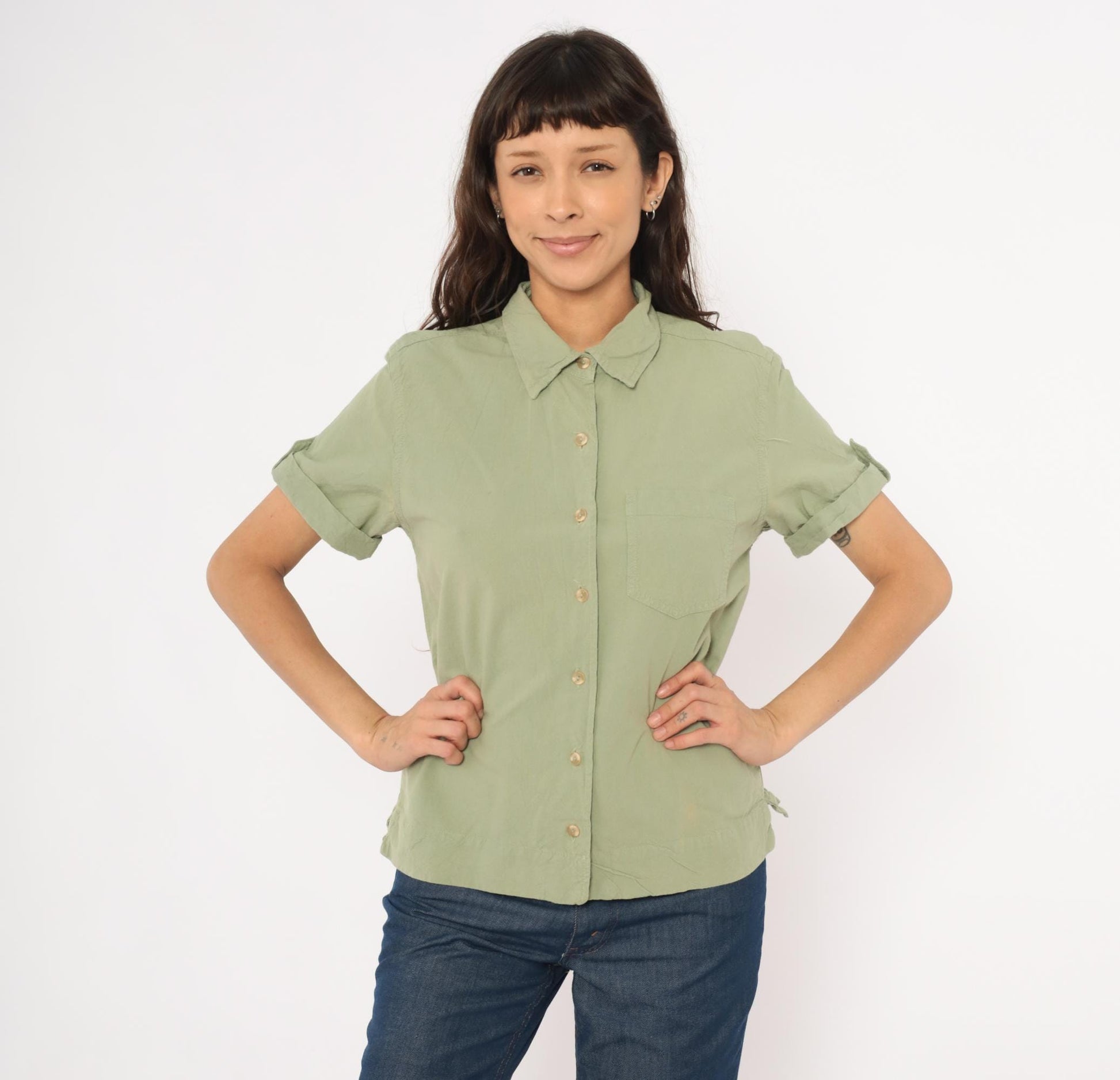 90s Erika & Co Olive Cotton Camp Collar Shirt Sage Green Rolled Sleeve Small