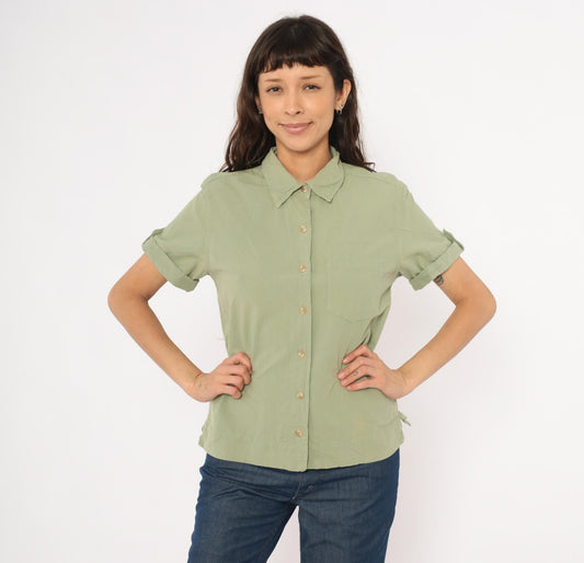 90s Erika & Co Olive Cotton Camp Collar Shirt Sage Green Rolled Sleeve Small