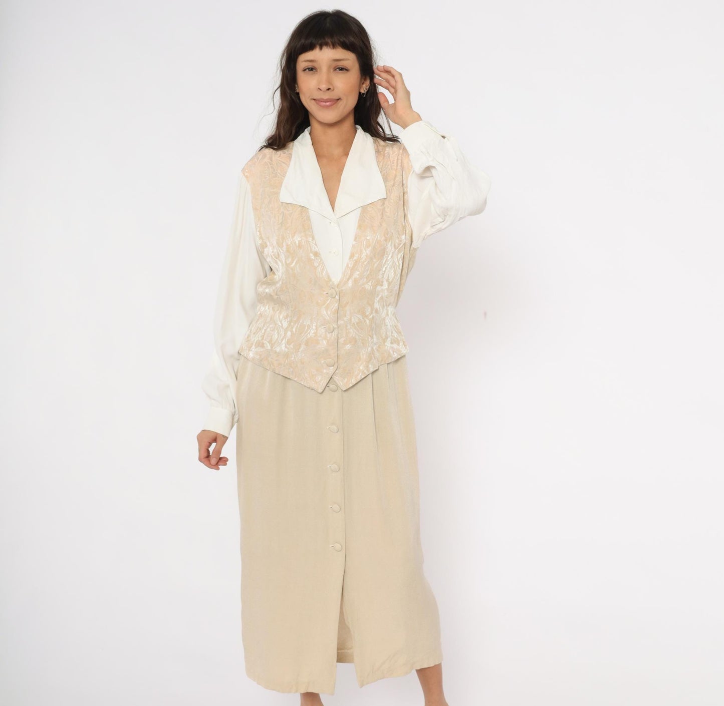 80s Miss Scarlett Jacquard Vest Midi Dress Ivory Collar Cream Sleeves Large L