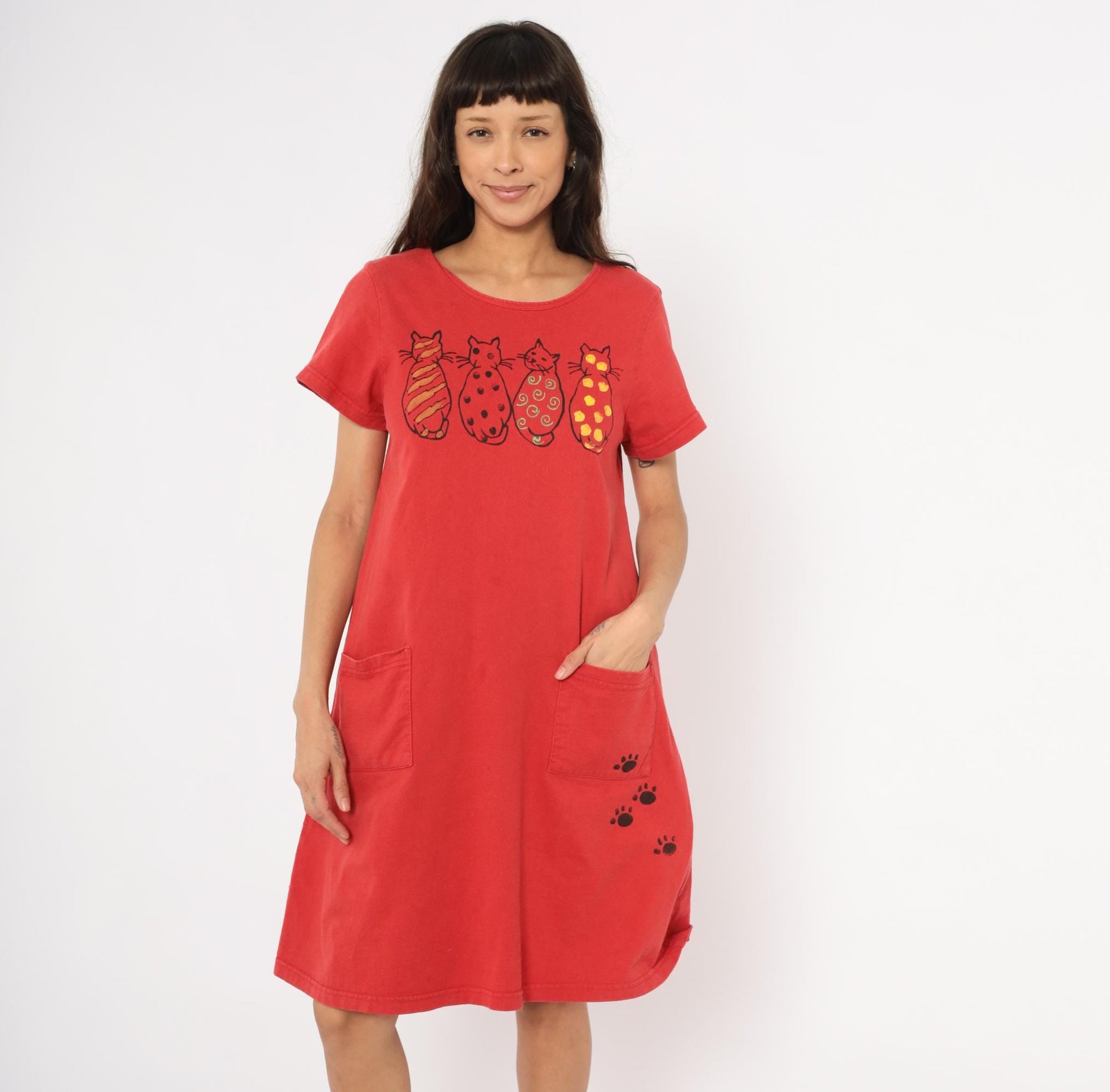 90s Cat T-Shirt Dress Red Cotton Graphic Paw Print Scoop Neck Small Medium
