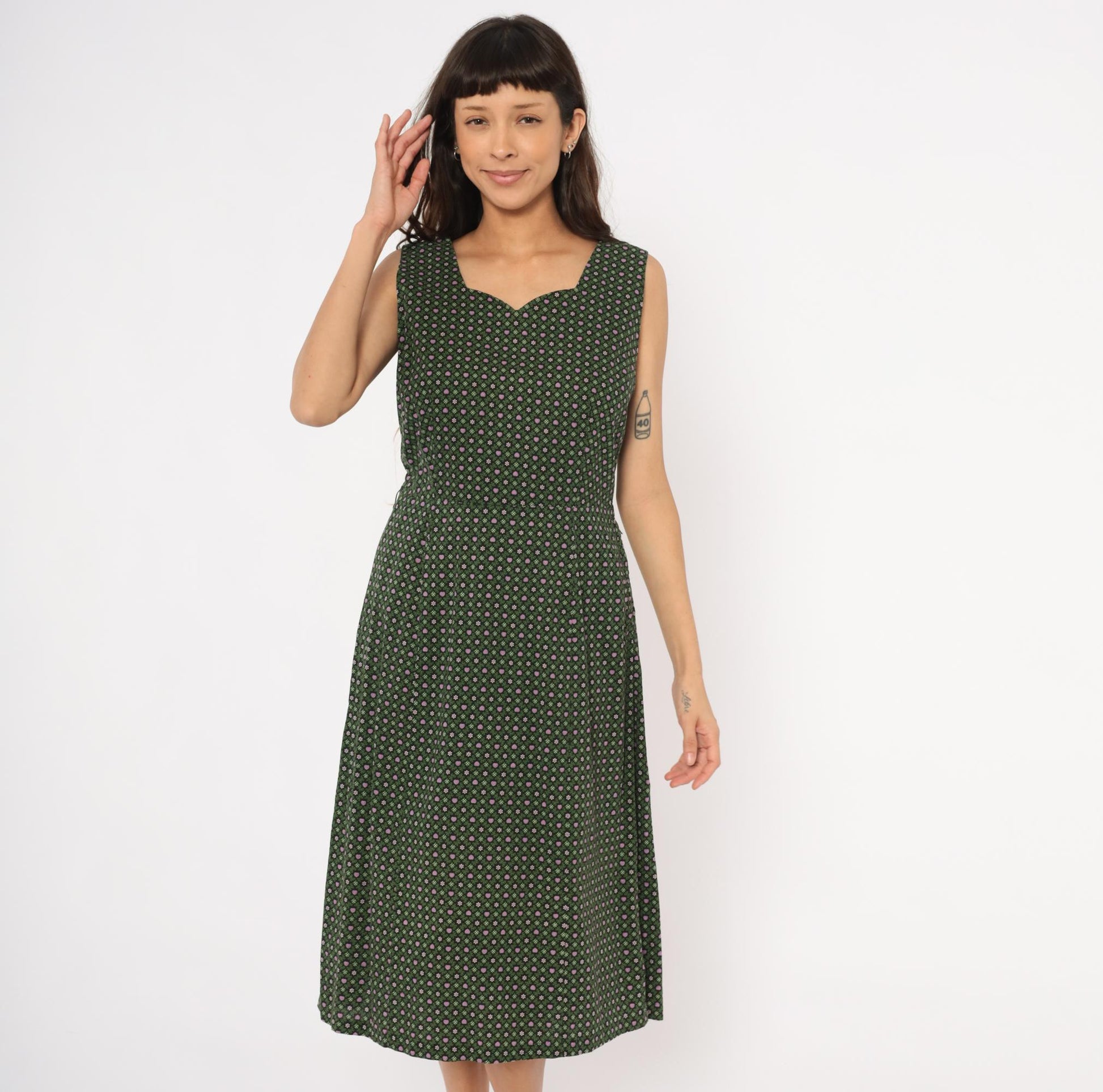 60s Heart Floral Cotton Dress Sweetheart Neckline Pencil Skirt Forest Green Large L