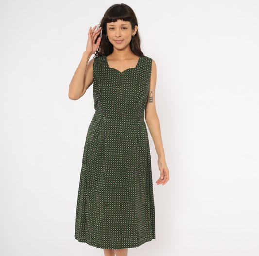 60s Heart Floral Cotton Dress Sweetheart Neckline Pencil Skirt Forest Green Large L