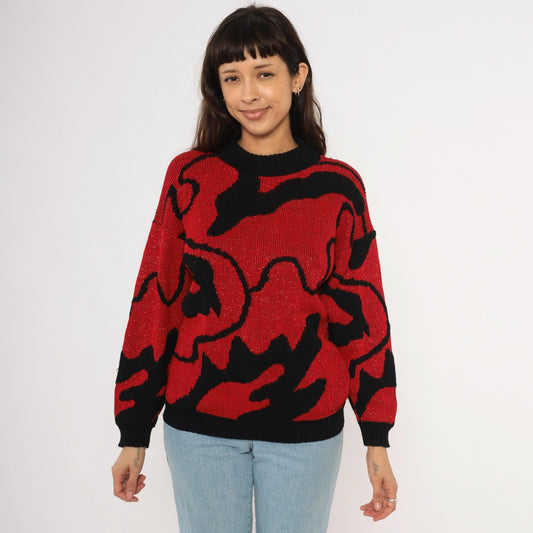 90s Rose Red Black Abstract Knit Pullover Shimmer Sweater Medium M