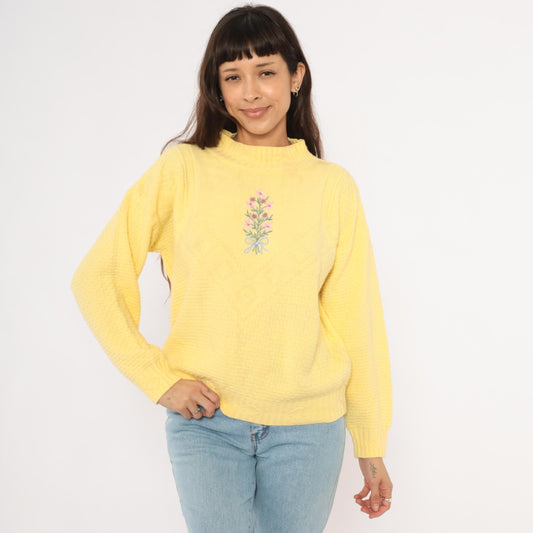 80s Liz Thomas Embroidered Floral Bouquet Knit Pullover Yellow Medium M