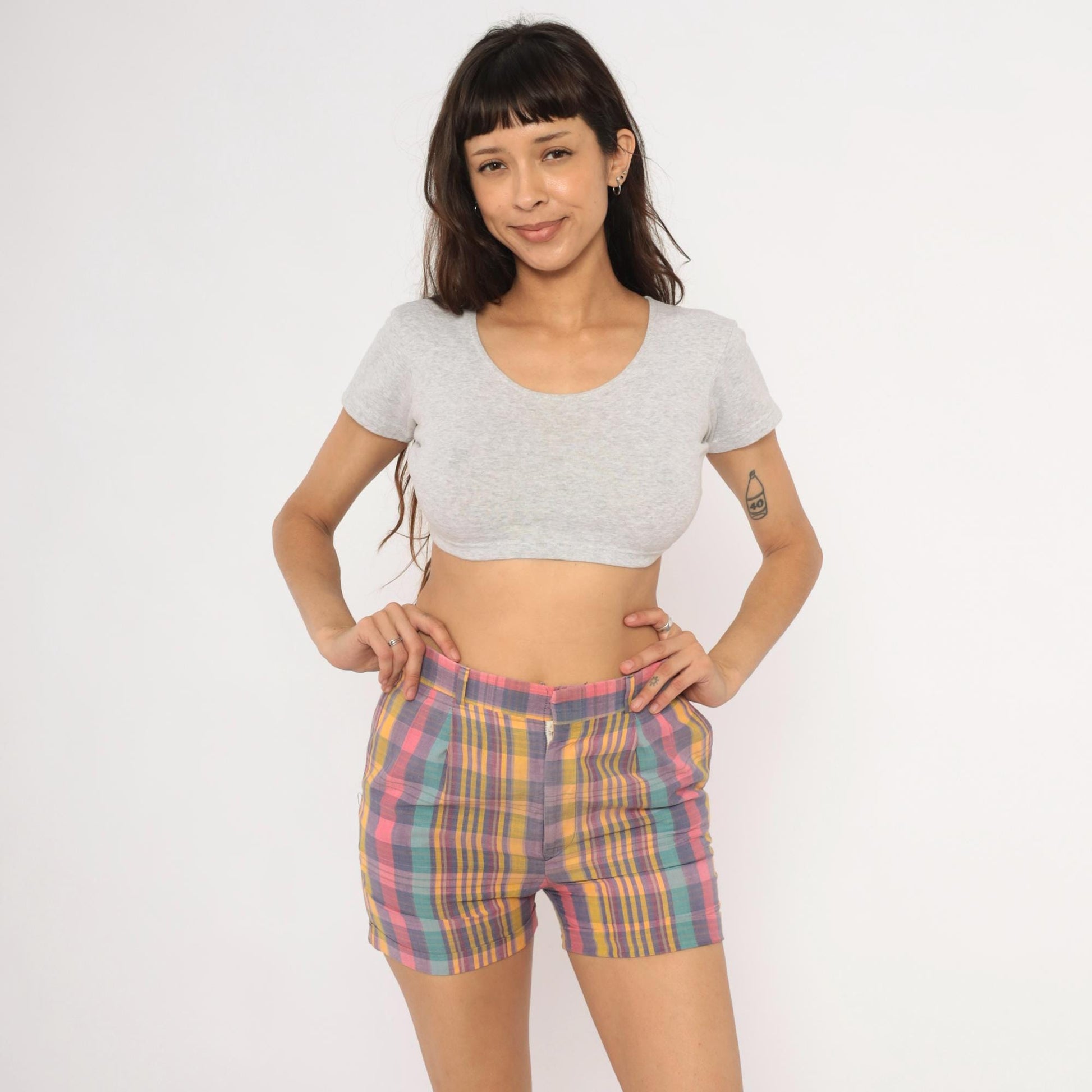 70s Skeets Madras Plaid Shorts Pink Purple Teal High Waist Cotton Medium M