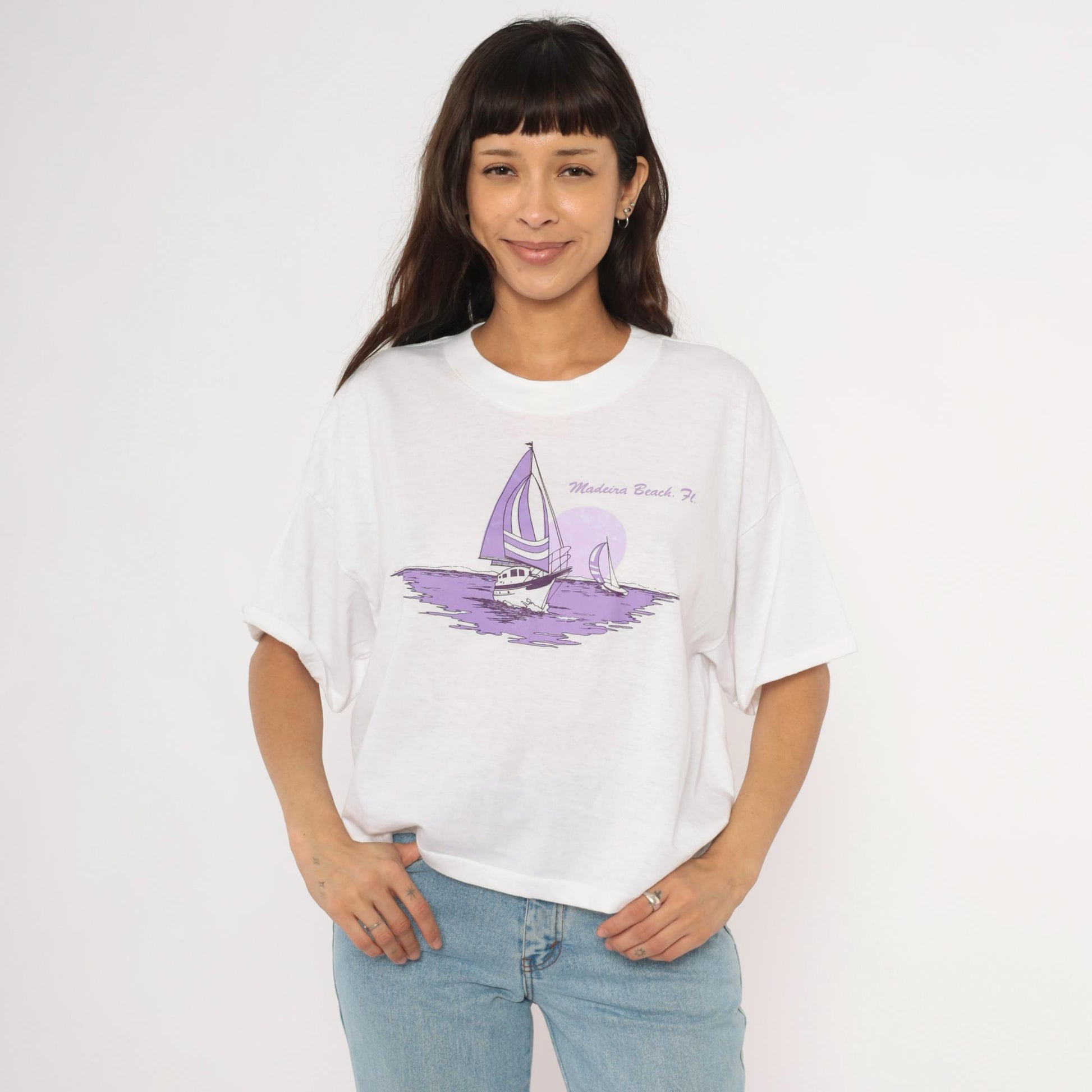 90s Ocean East Sportswear Sailboat Graphic Crop Tee White Purple One Size