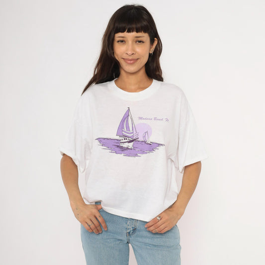 90s Ocean East Sportswear Sailboat Graphic Crop Tee White Purple One Size