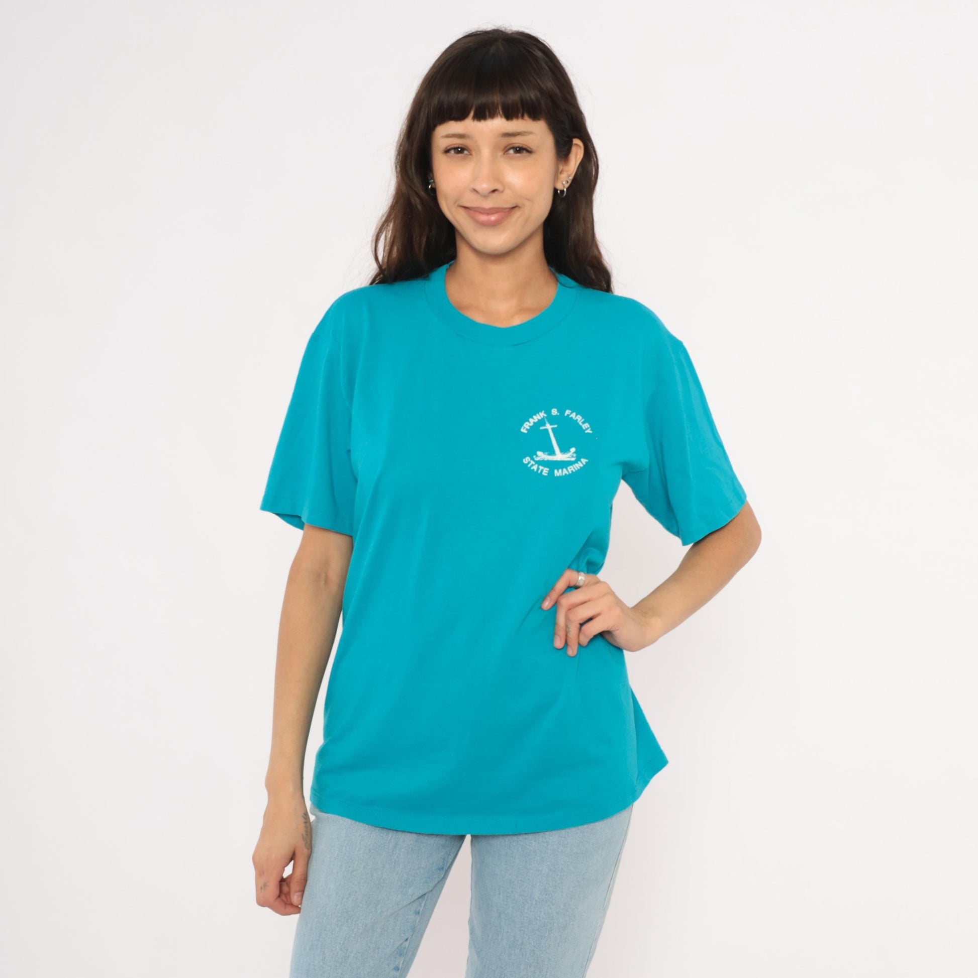 90s Jerzees Frank S. Farley State Marina Anchor Graphic Tee Teal Large L