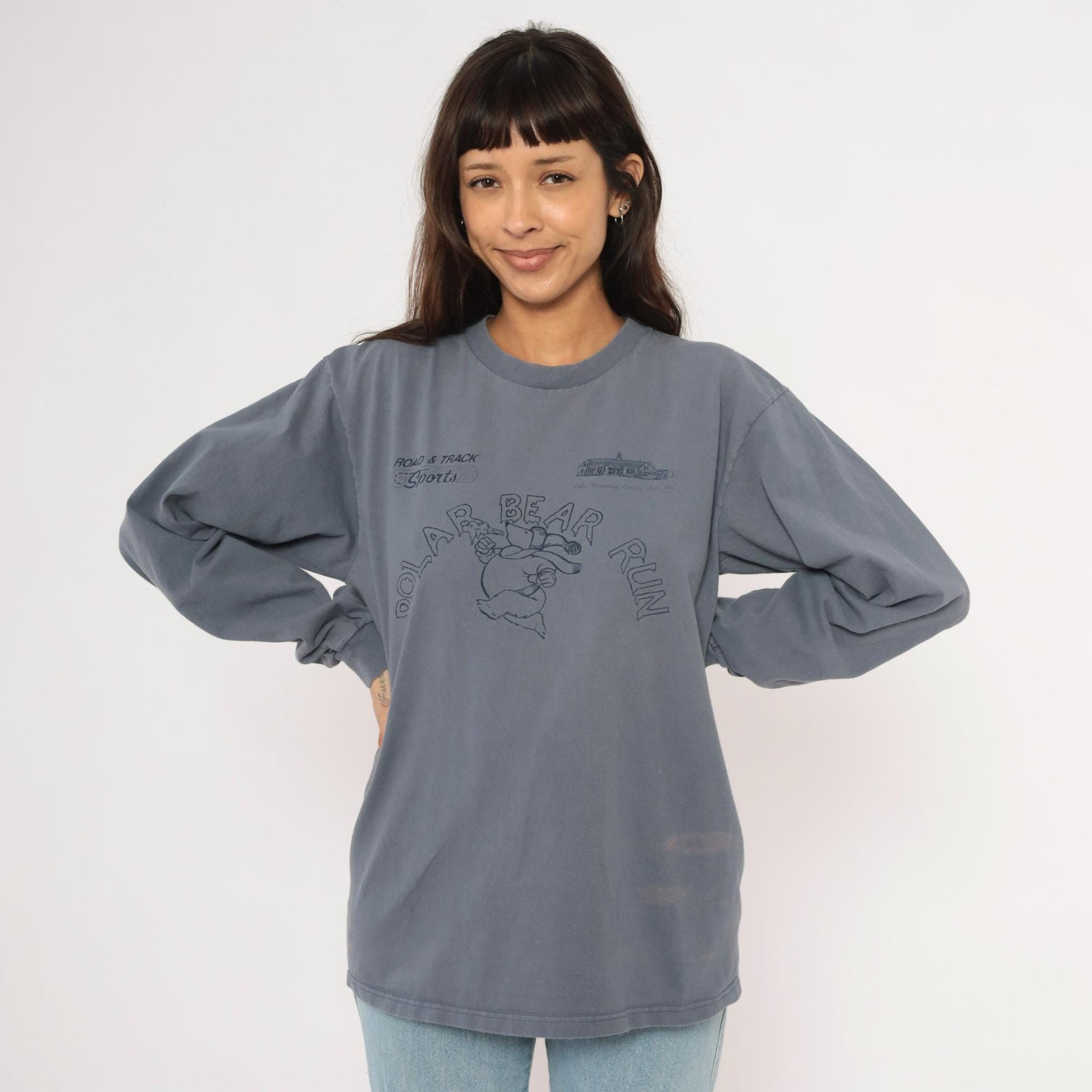90s Anvil Polar Bear Run Graphic Tee Grey Cotton Long Sleeve Large L