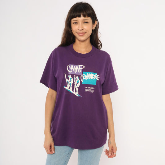 90s Girl Scout Camp Cedarledge Graphic Tee Purple Hiking Print Large L