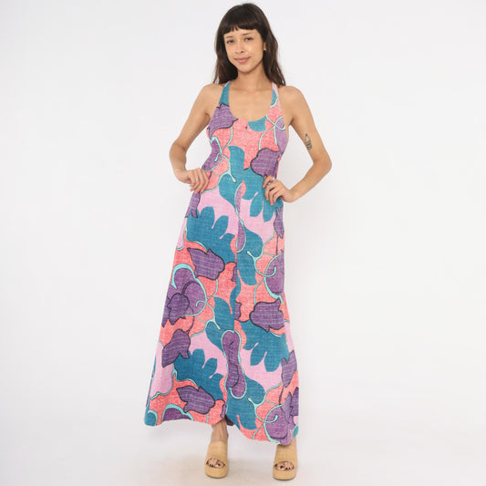 70s Psychedelic Floral Maxi Halter Dress Purple Teal Pink Cotton Small