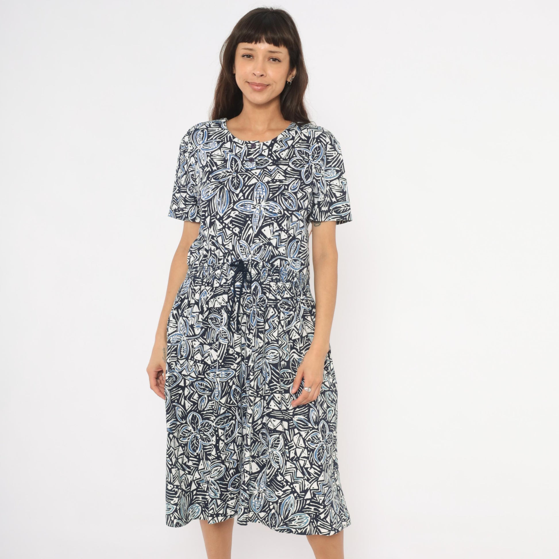 90s Via Sant Andrea Navy Floral Midi Dress Cotton Henley Button Short Sleeve Large L