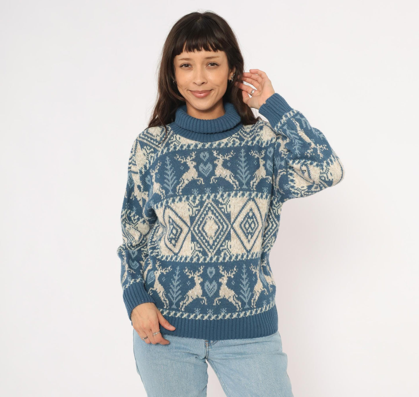 90s United States Sweaters Reindeer Fair Isle Turtleneck Blue Cream Small