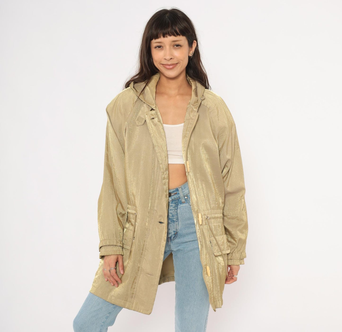 90s Diana Marco Gold Metallic Hooded Parka Windbreaker Large L