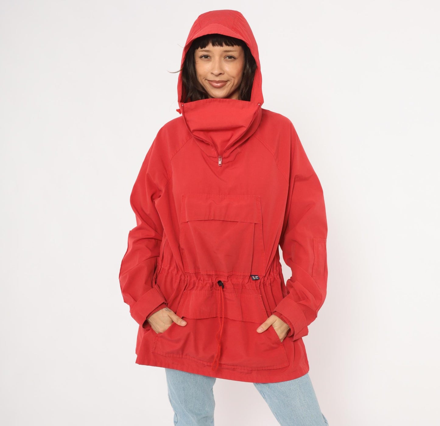 80s Red Anorak Pullover Half-Zip Windbreaker Kangaroo Pocket Jacket Extra Large