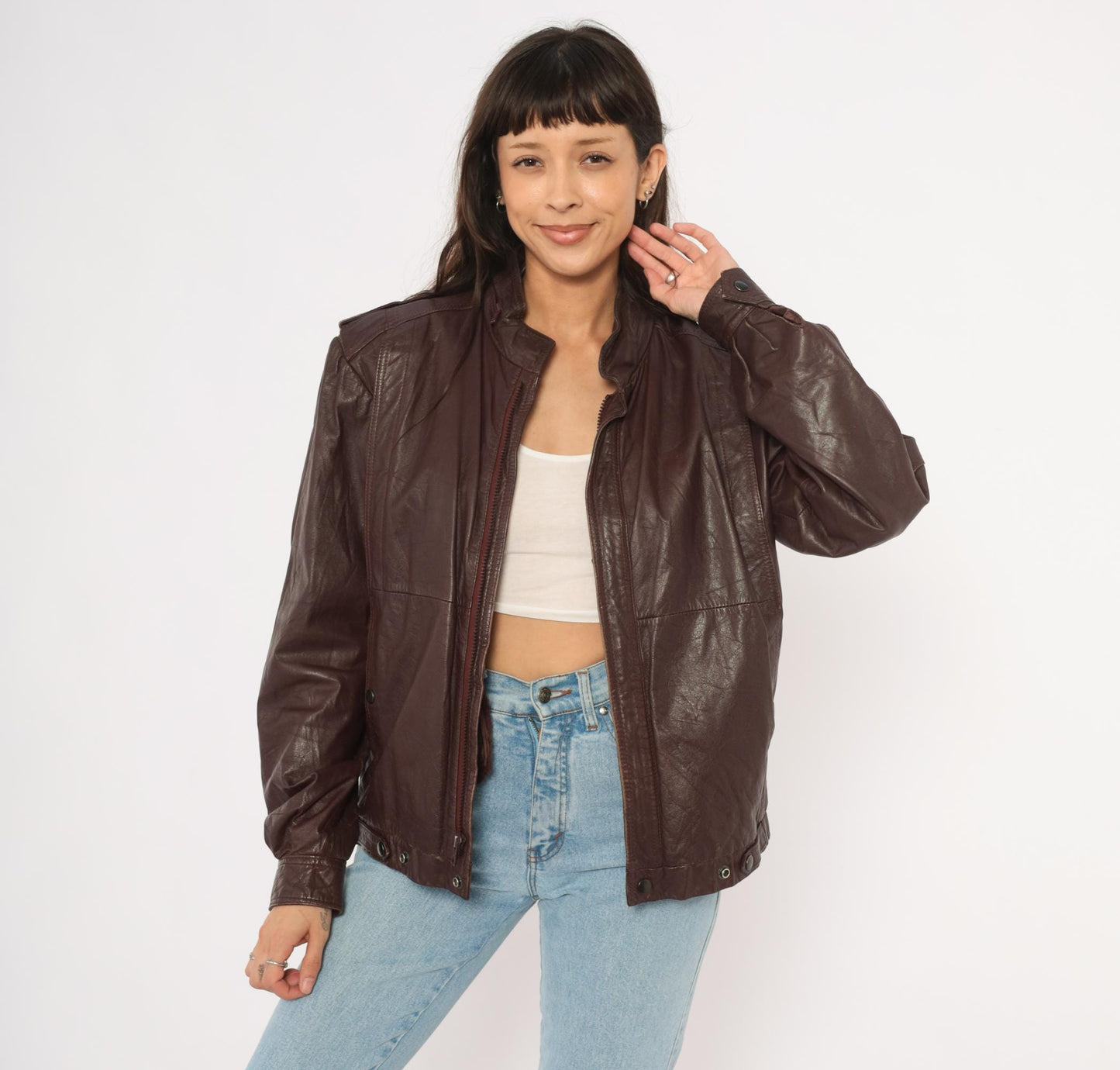 80s Leather Den Burgundy Bomber Jacket Zip Front Moto Coat Medium M