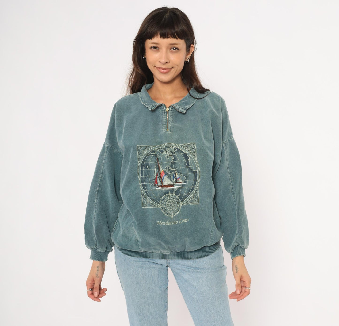 90s Sansegal Sportswear Mendocino Coast Sailboat Quarter-Zip Sweatshirt Grey Blue Medium