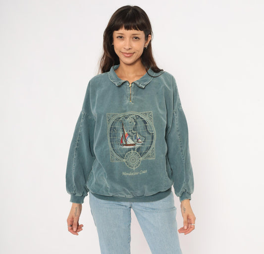 90s Sansegal Sportswear Mendocino Coast Sailboat Quarter-Zip Sweatshirt Grey Blue Medium