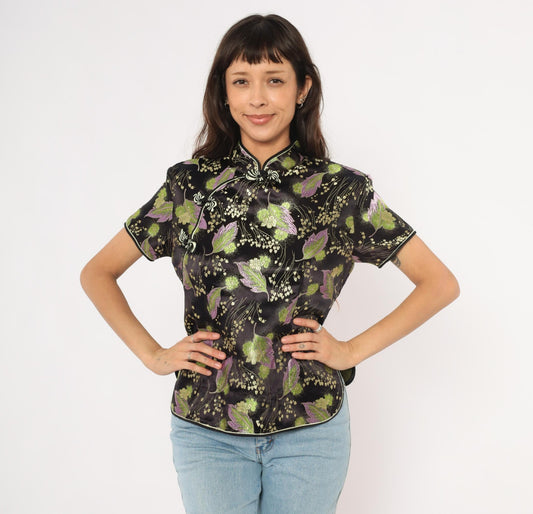 90s Mimi Cheongsam Top Black Brocade Floral Mandarin Collar Plus Size XXL