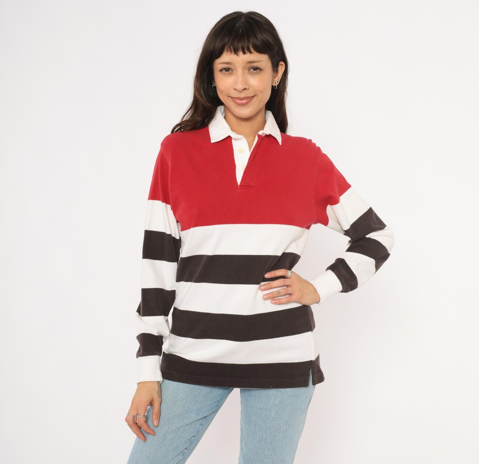 90s Cambridge Classics Rugby Shirt Striped Red White Brown Cotton Small