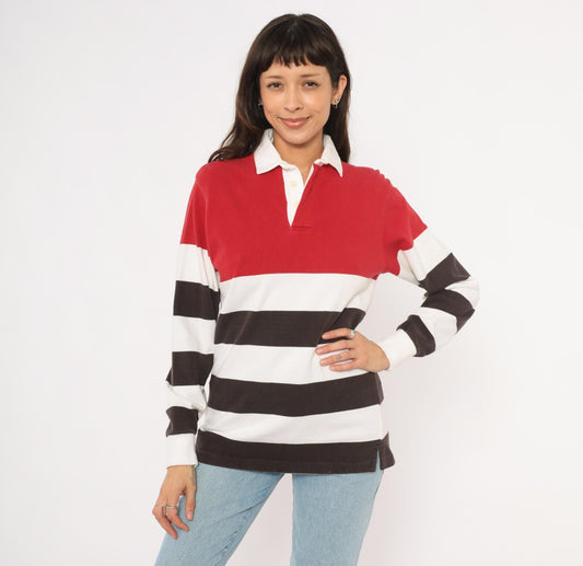 90s Cambridge Classics Rugby Shirt Striped Red White Brown Cotton Small
