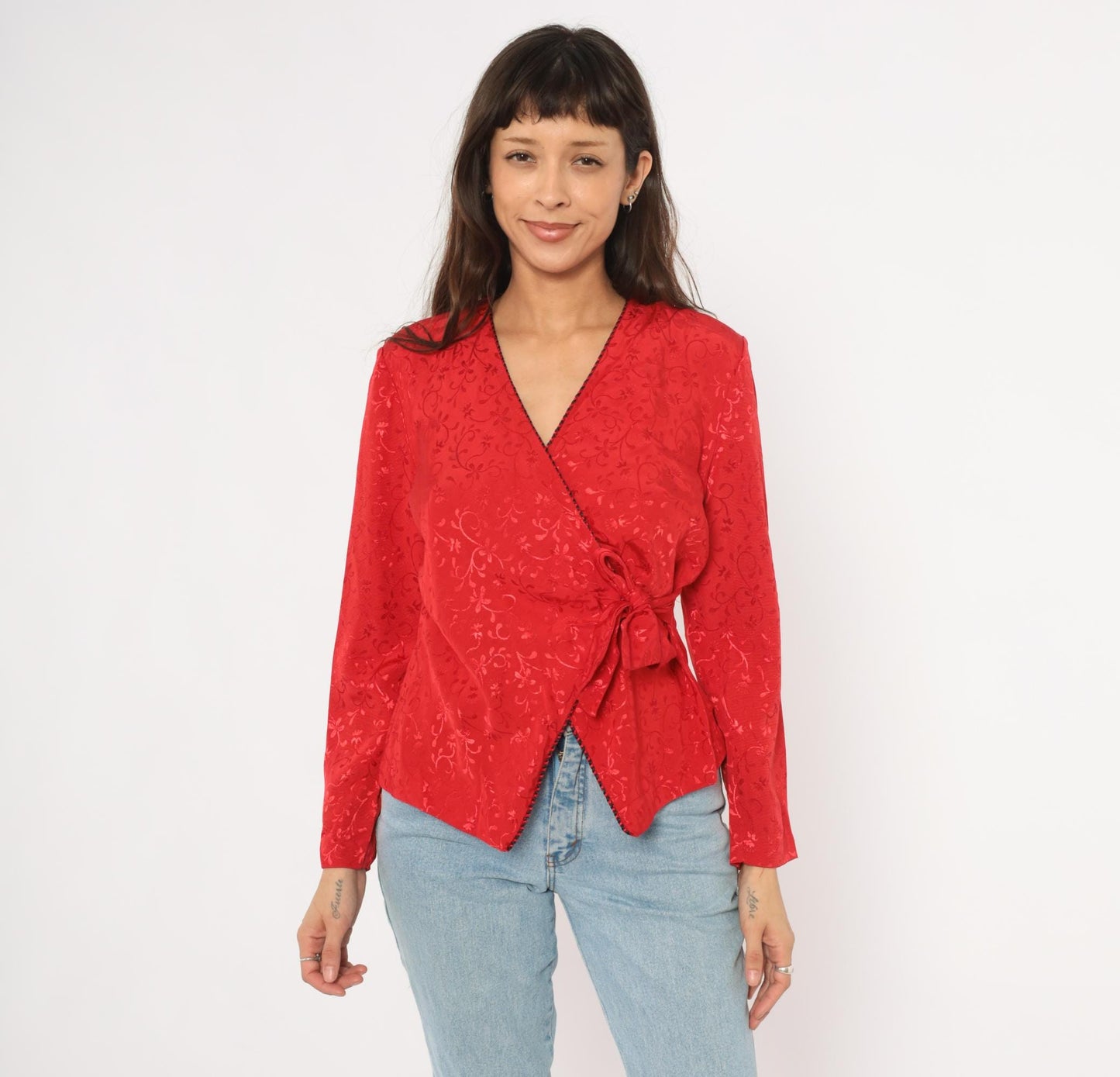 90s SL Petites Red Jacquard Wrap Blouse Floral Vine Embossed Small S