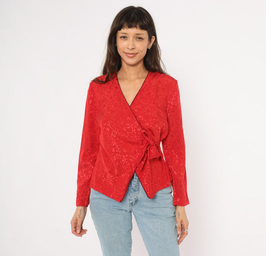 90s SL Petites Red Jacquard Wrap Blouse Floral Vine Embossed Small S