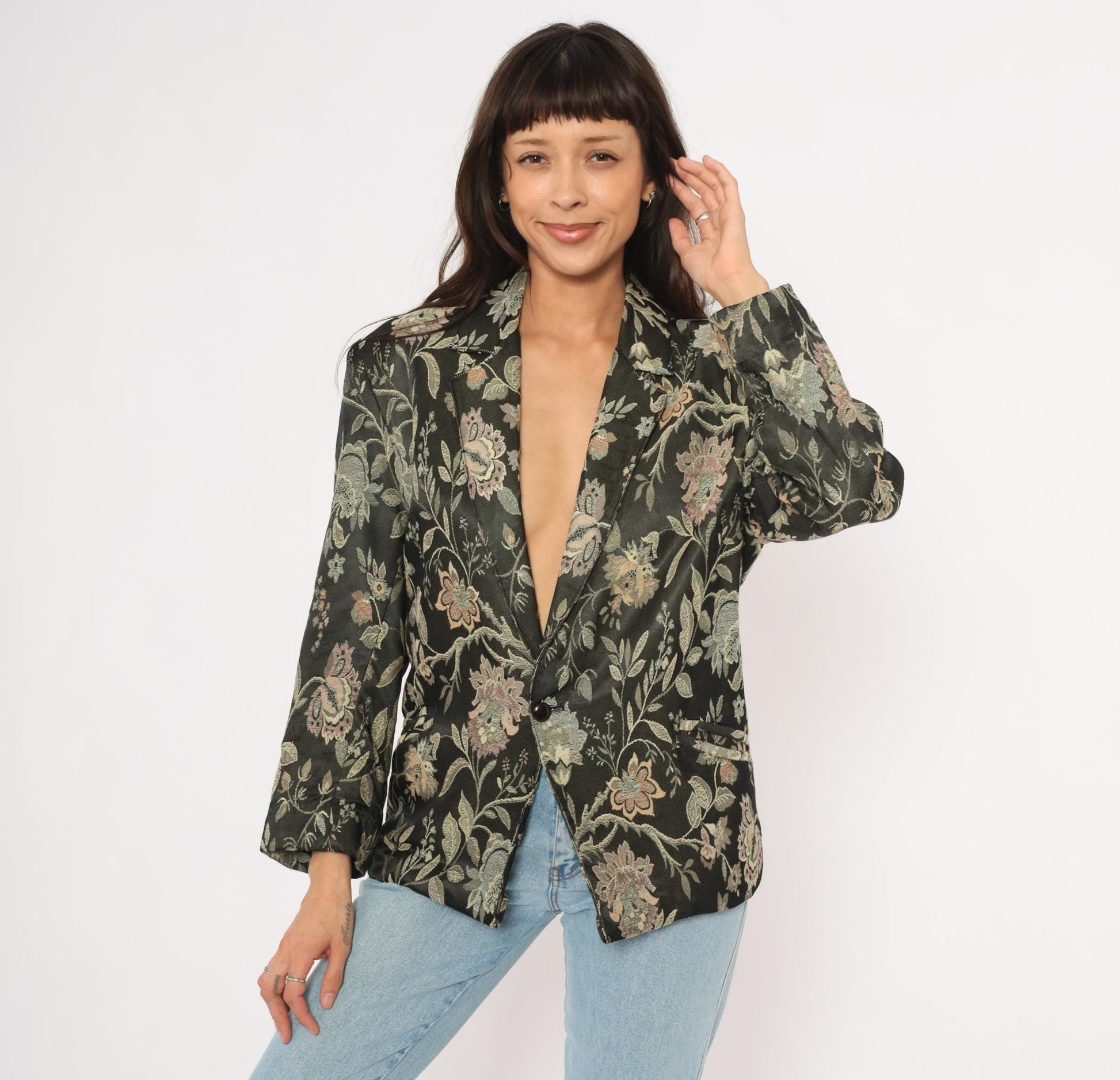90s Z Cavaricci Floral Jacquard Blazer Black Tapestry Cotton Medium M