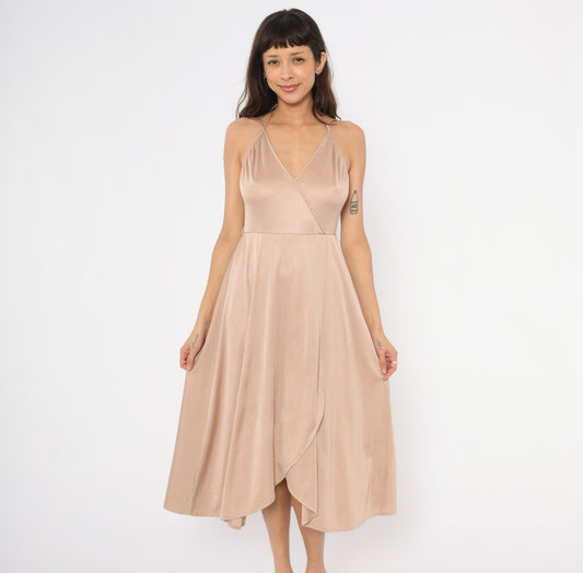 70s Nude Halter Midi Dress Wrap Front Surplice Neckline Tulip Hem Medium