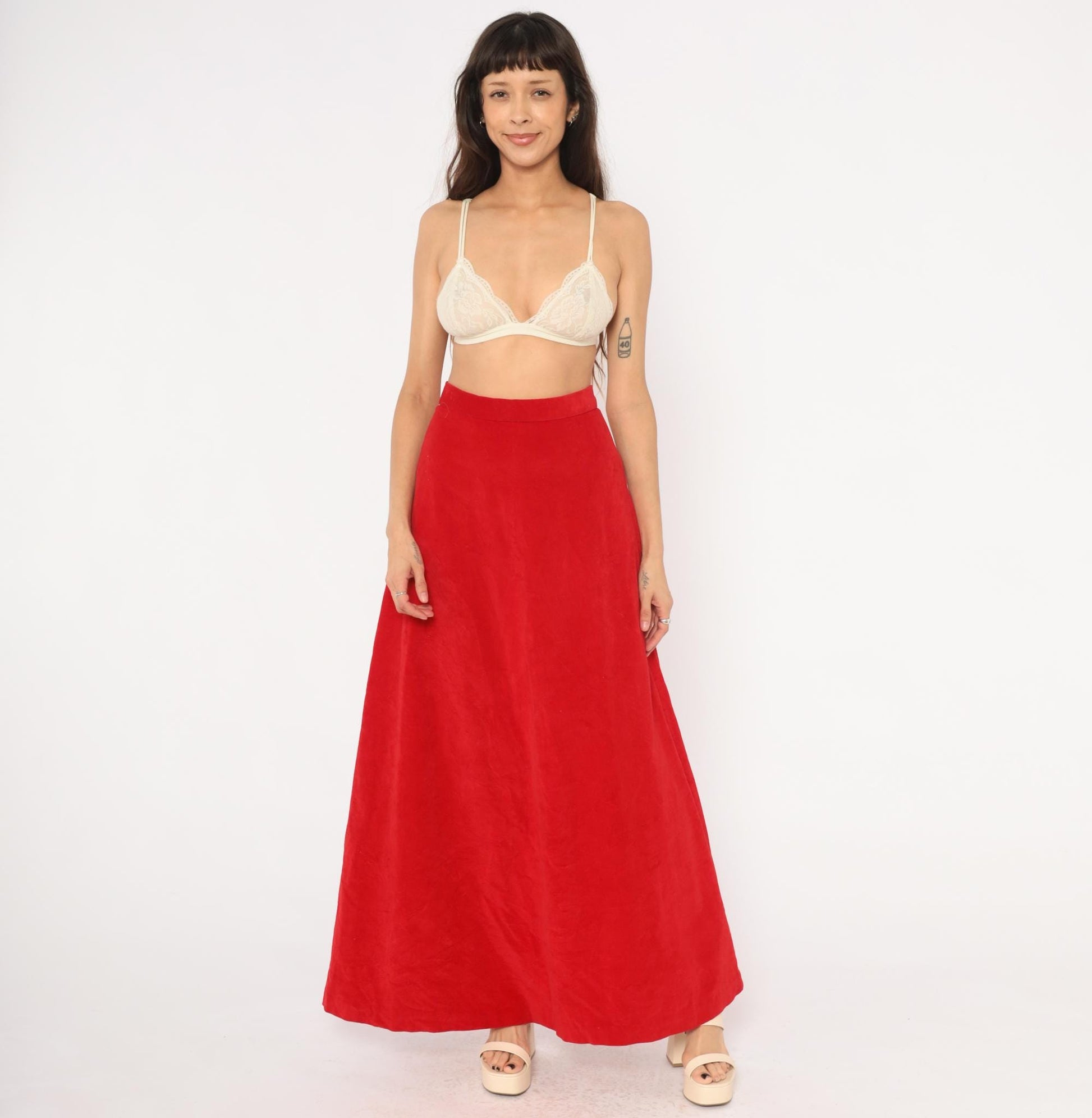 70s Red Velvet Maxi Skirt High Waist A-Line Floor Length Small