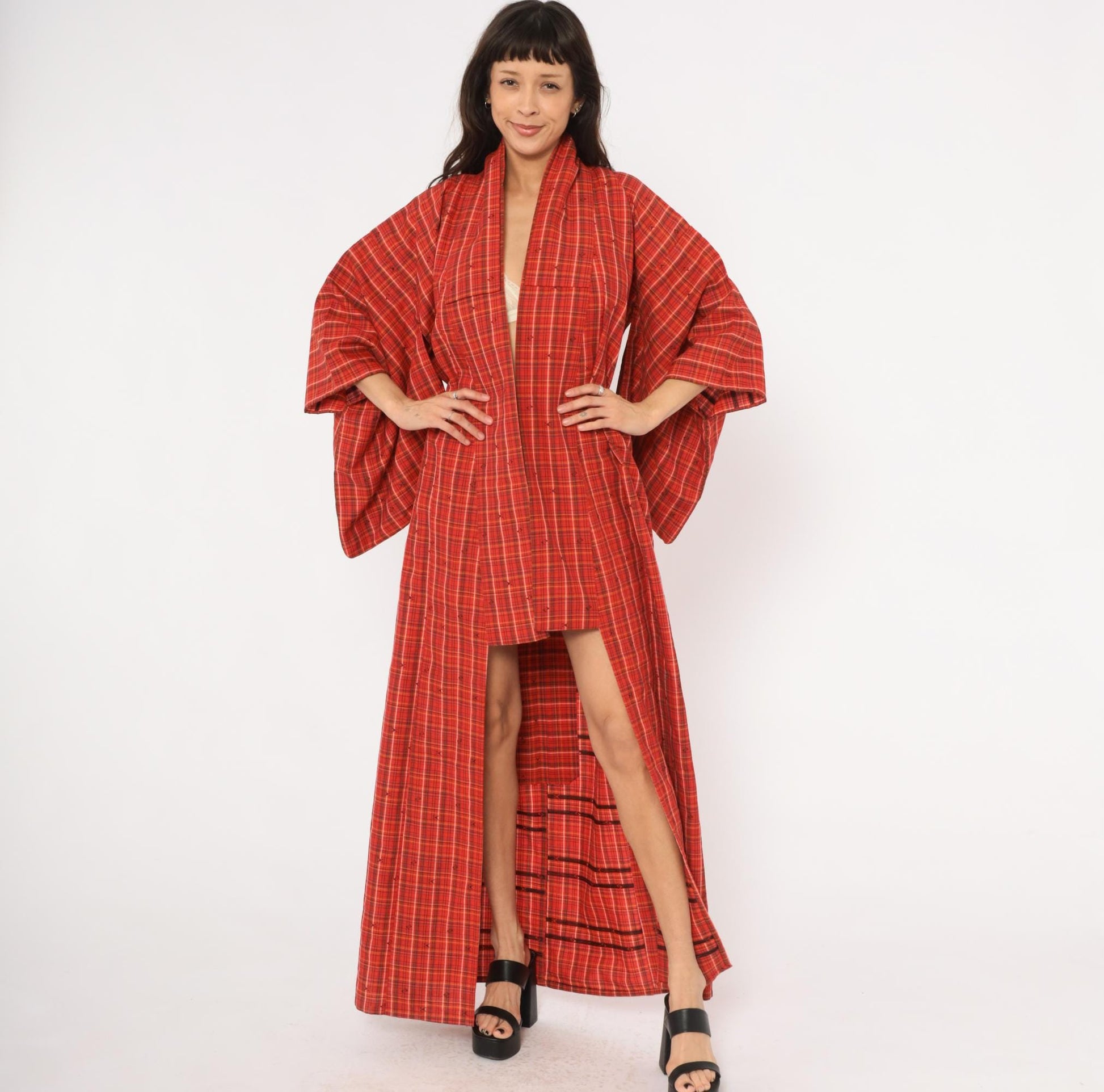 70s Red Plaid Wool Kimono Robe Floor Length Open Front Tartan Duster