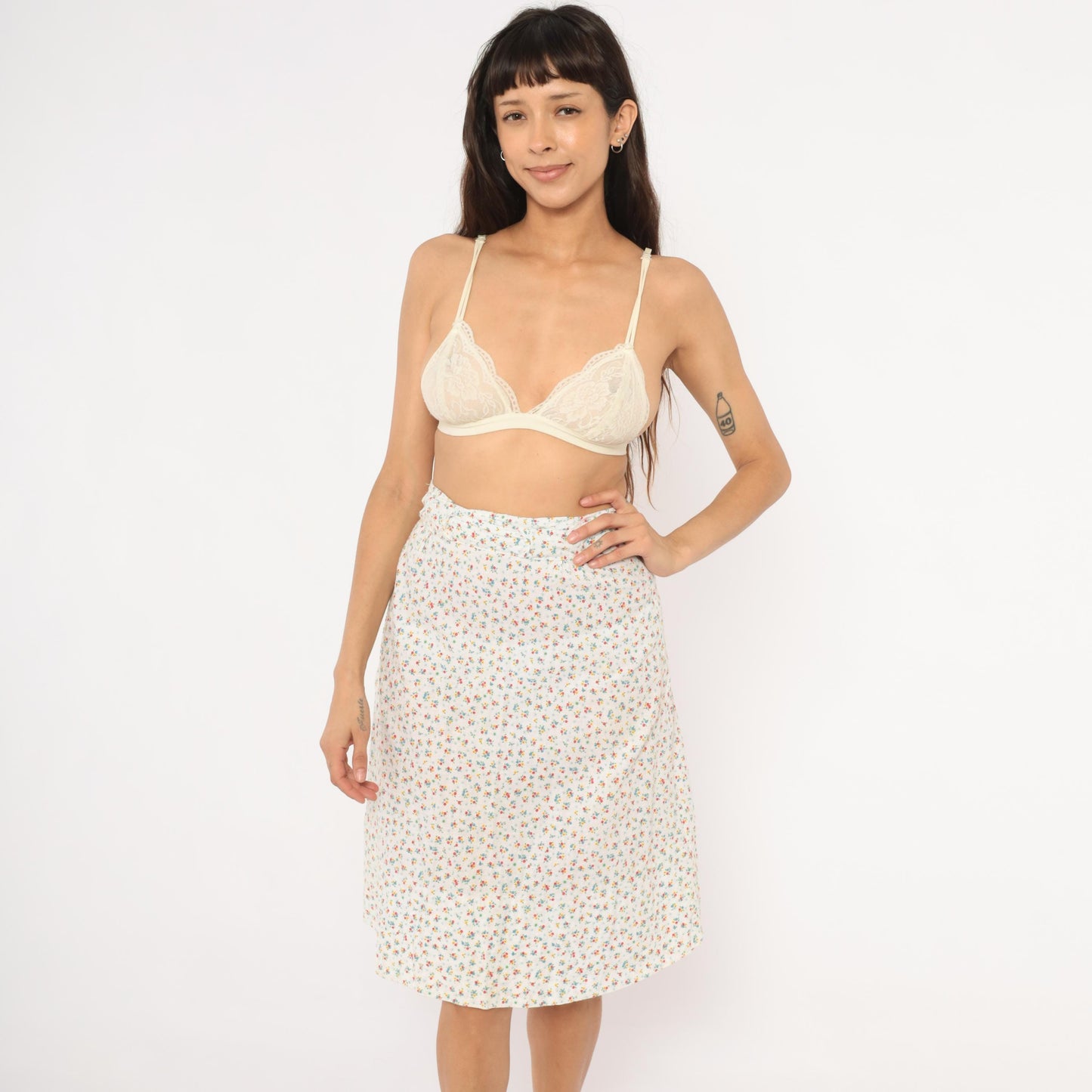 1960s Ditsy Floral A-Line Skirt White Calico Cotton Blend Small S
