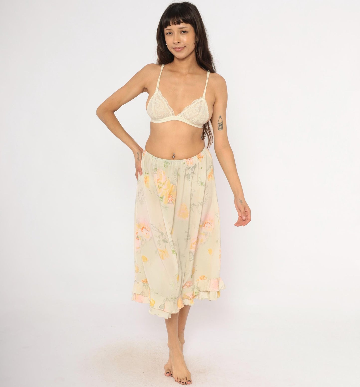 90s Watercolor Floral Midi Skirt Ruffle Hem Cream Peach Sage Green Small