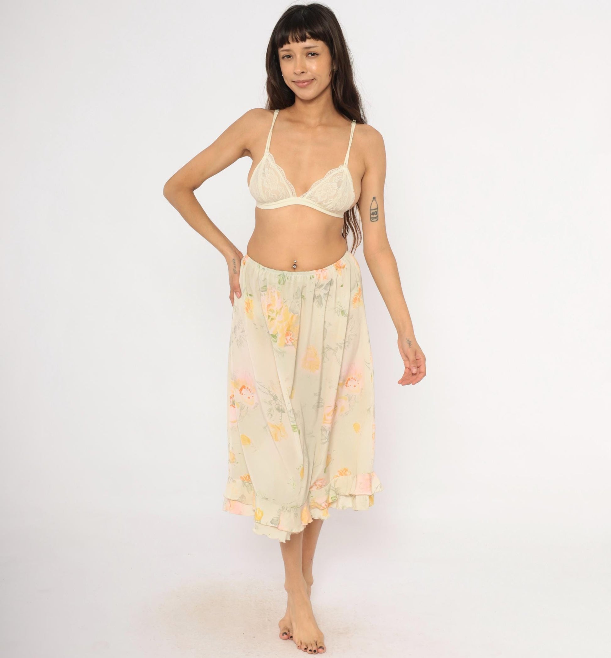 90s Watercolor Floral Midi Skirt Ruffle Hem Cream Peach Sage Green Small