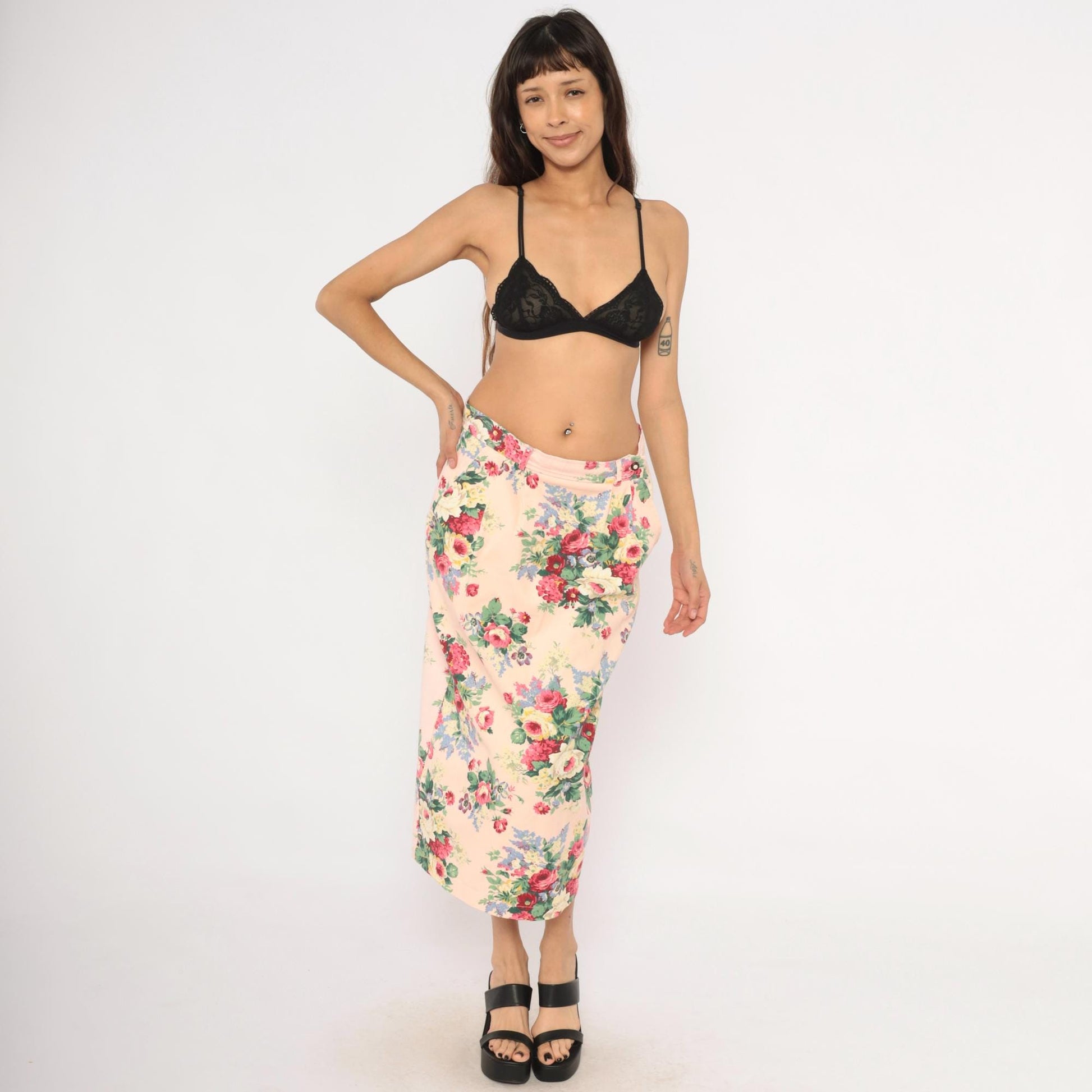 90s On The Verge Floral Midi Pencil Skirt Pink Cotton Large L
