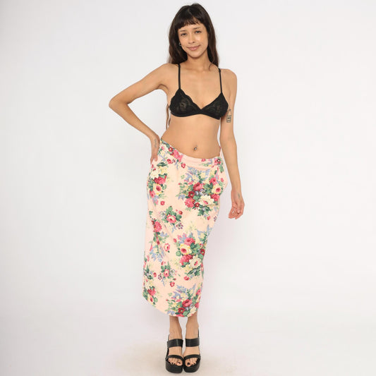 90s On The Verge Floral Midi Pencil Skirt Pink Cotton Large L