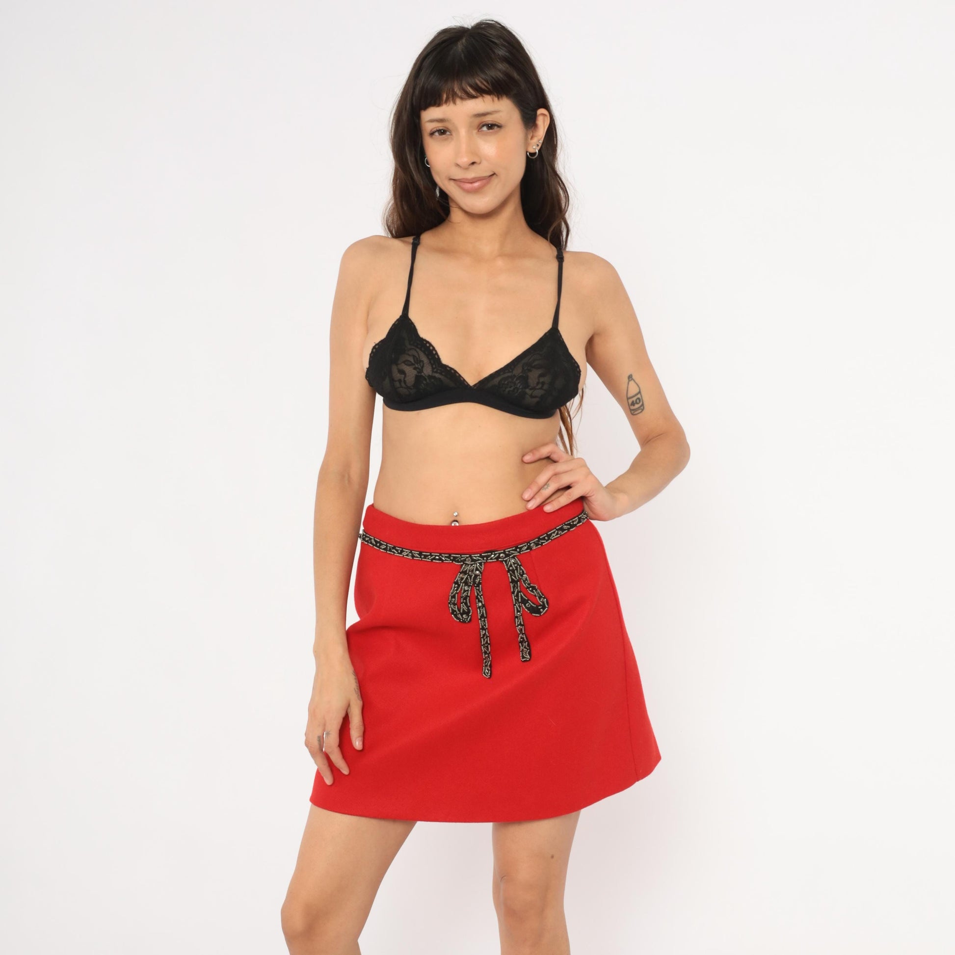 Y2K Red A-Line Mini Skirt Beaded Bow Waistband Large L