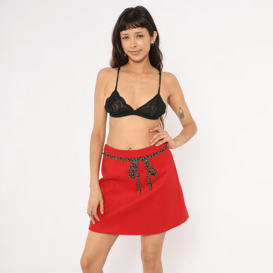 Y2K Red A-Line Mini Skirt Beaded Bow Waistband Large L