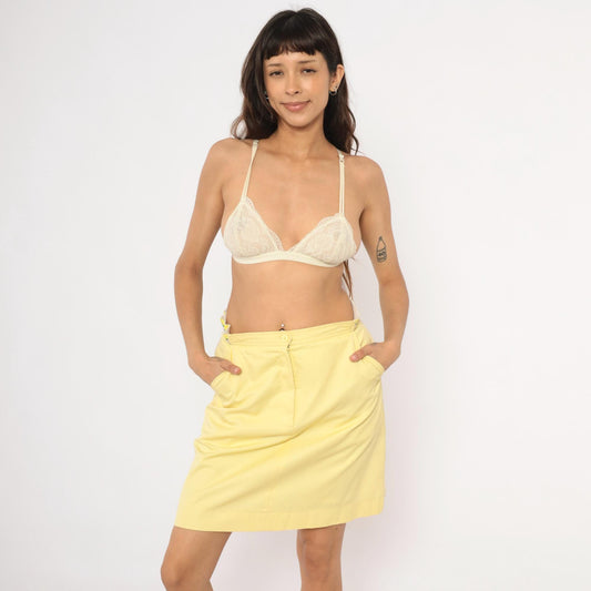 80s Lady Briarcliff Yellow Mini Skirt Striped Waistband Tennis A-Line Medium Large