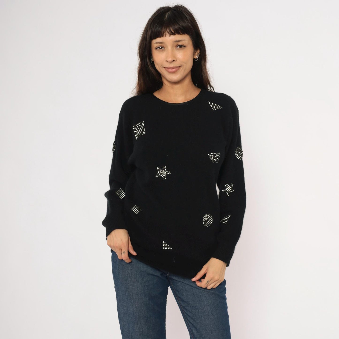 80s Adrienne Vittadini Rhinestone Studded Wool Angora Crewneck Pullover Black Medium