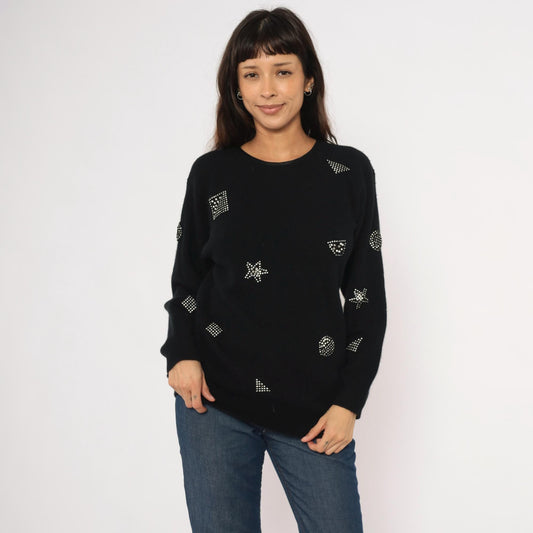 80s Adrienne Vittadini Rhinestone Studded Wool Angora Crewneck Pullover Black Medium