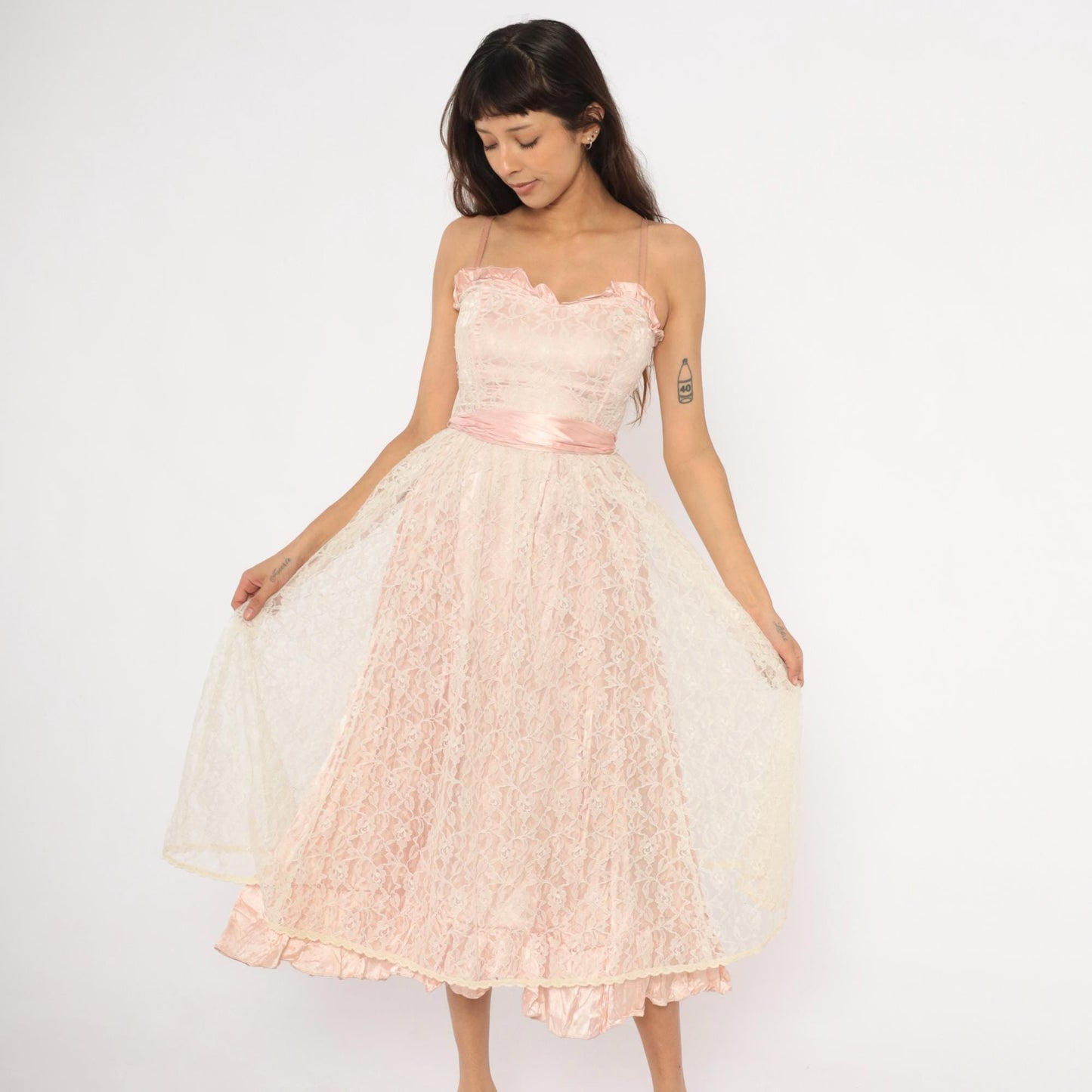 60s Blush Pink Lace Midi Dress Sweetheart Neckline Satin Bow Back Extra Small XS