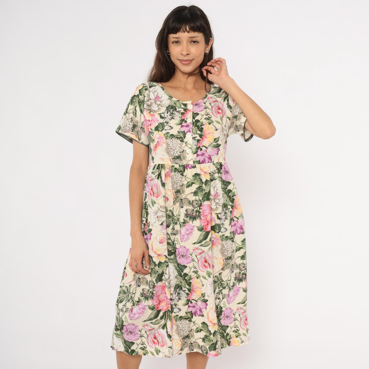 90s Day In Day Out Floral Midi Dress Cream Pink Garden Print Cotton Medium M