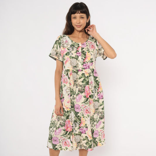 90s Day In Day Out Floral Midi Dress Cream Pink Garden Print Cotton Medium M