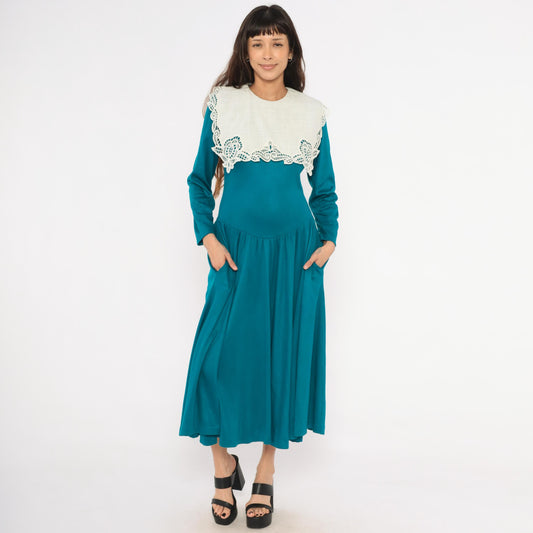 80s Expo Teal Midi Dress Cream Scalloped Lace Collar Small Medium